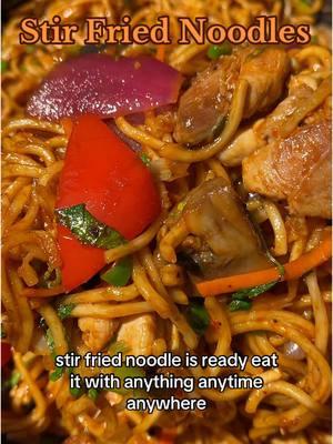 Stir Fried Noodles  Ingredients :- Sauce :- * Vinegar - 1 1/2 Tbsp * Soy Sauce - 1 Tbsp * Dark Soy Sauce - 1/2 Tsp * Oyster Sauce - 1 Tbsp * MSG - 1 1/2 Tsp * Schezwan Sauce - 1 Tbsp * Sugar - 1 1/2 tsp * Red Chili Powder - 1 Tsp * Ketchup - 1 Tbsp For Stir Fry :- * Oil - 2-3 Tbsp * Ginger Garlic - 2 1/2 Tbsp minced  * White part of Green Onion - 1 Tbsp * Onion - 1 large Petals  * Red and Green Bell Pepper - 1 Cup Cubed * Cabbage - 1/4 Cup thin sliced long * Mushroom - 6 Quartered  * Carrot - 1/4 Cup Julienned * Black Peppercorn - 1/2 Tbsp Crushed  * Hakka Noddles - 1 Packet * Green Chillies - 2-3 Sliced  * Cilantro - Garnish  * Green onion - Garnish  * Chicken Thighs - 1 Lbs cut bite size 1. Get a bowl add vinegar, soy sauce, dark soy sauce, oyster sauce, MSG, Schezwan sauce, sugar, red chili powder, ketchup mix well and set it aside. This going to be our sauce. 2. Get a pan add oil on medium heat. once oil is hot add the chicken and cook on each side for 3-4 minutes or until light golden color set on the chicken. Turn the heat off and set aside the chicken. 3. In the same pan and oil on medium high heat, add ginger, garlic, and white part of green onion mix well cook for 30 seconds. 4. Add all the veggies mix well cook for 1-3 minutes depending on how you like you veggies.  5. Now add the crushed black peppercorn, and chicken mix well cook 30 seconds. 6. Add the boiled noodles, and the sauce mix well making sure it spread evenly. Cook the noodles until sauce dries up. 7. Add green chilis mix well and turn the heat off. Garnish with cilantro and green onions and enjoy.  Stir fried noodles is ready eat it with anything anytime anywhere ;) @TRH @Thisrighthere | Recipes  #Recipe #stirfriednoodles #stirfried #noodles  