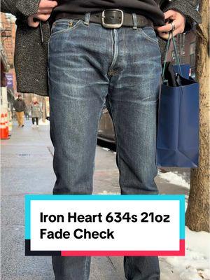 Quentin shows off his 3 year old 21oz Iron Heart 634s jeans #fashiontok #denimtok #selvedgedenim #fades #ironheart #jawnzenthusiasts #selfedge 