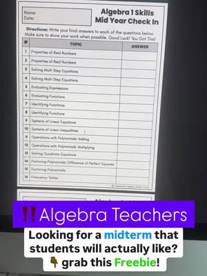 Midterms got you feeling stressed? 😫 Don’t sweat it! I’ve got a 🆓 digital midterm for my Algebra 1 crew that will help you pinpoint those tricky skills and conquer test prep season like a boss. 💪 Includes a printable version so students can show their work! Covers 16 essential algebra skills & a fun riddle at the end ❤️ ➡️Want this freebie? Comment “midterm” below! 👇 #mathteachers #algebra1 #midterms #testprep #freebie #teacherlife #algebrateacher #middleschoolmath #highschoolmath