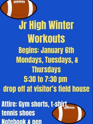 Attention!!! All Jr411Boys & Future Jr411Boys!! All Moody Residents, If you are in the 7th grade going to 8th grade or you are in 6th grade going to 7th grade & you want to be a part of the Moody Jr High Football Teams. Pease come to off season workouts starting January 6th at 5:70 to 7:30 pm every Monday, Tuesday, & Thursday Nights! Make you have work out clothes that are moody or moody colors Blue, Vegas Gold, or White, running shoes, cleats if you have them, & notebook and something to write with. No Slides or Crocs!! You will have to sit and watch or go home with out proper shoes! #moody #jr411boys #jrhighfootball #offseasontraining #workouts #coachtep #fyp #foryou 