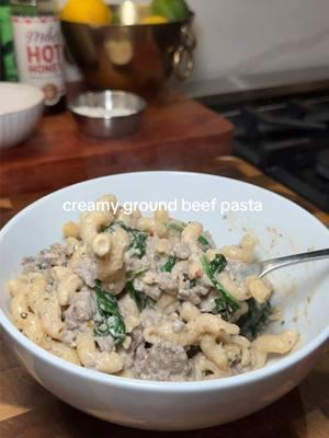 Creamy ground beef pasta is the perfect weeknight dinner! I used banza pasta for added protein + fiber! Italian sausage would also be amazing 👌🏼 Ingredients: -1lb ground beef or italian sausage (I used ground venison) -1 box pasta (I use banza for extra protein & fiber) -1 package boursin  -shredded Parmesan -handful spinach -heavy cream (about 2 cups) -tbsp Dijon mustard  -Worcestershire sauce (I used a few tbsps) -red pepper flakes -garlic powder -onion powder  -salt & pepper to taste  Boil water and cook pasta according to package. Brown meat and season to taste with salt, pepper, garlic powder, onion powder & red pepper flakes. Add in boursin cheese and combine. Add in heavy cream until a sauce forms (start with a cup and go from there). Add the Dijon & Worcestershire sauce. Taste for seasonings and add as needed. Add in Parmesan and stir until the sauce thickens just a bit. Add in drained pasta and spinach and gently mix until spinach is wilted. Top with Parmesan!  #easydinner #pastarecipe #pastatiktok #comfortfood #comfortmeal #DinnerIdeas #dinnerrecipe #easydinnerideas #easydinnerrecipes #simplerecipe #weeknightdinner #weeknightmeals #dinnerinspo #cookwithme #groundbeef #groundvenison #banza #foryou #fyp 