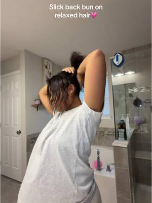 Slick back bun tutorial on my relaxed hair 🤍 stretching my relaxer out right now so I’m doing some styles that’ll hold me over! #fyp #hairtok #hairstyle #relaxedhairjourney #relaxedhaircare #relaxedhair #girlsoftiktok 