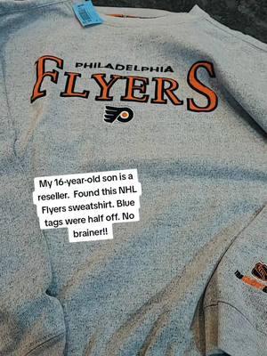 My 16 year old son is a reseller and we got this Flyers sweatshirt for half price. If you're a Flyers fan, hit me up.  @lucas.Shaw #motherson #facebookmarketplace #ebay #yng_thrifts #goodwillbins #poshmark #bins #goodwill #depop #grailed 