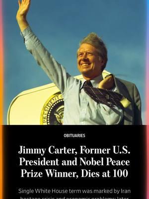 Former President Jimmy Carter, the Georgia peanut farmer whose one term in the Oval Office was plagued by problems at home and abroad but who was awarded the Nobel Peace Prize after he left office, has died. Our founder, former U.S. President Jimmy Carter, passed away this afternoon in Plains, Georgia,” the Carter Center posted Sunday on X. He was 100 years old, the longest-lived former president in the country’s history. He had been in hospice since February 2023.  The 39th president’s sole term in office was marred by a listless economy and stubborn inflation, squabbles within his party, gridlock in Congress and the seizure of American hostages in Iran. Considered a long-shot Democratic candidate when he announced his bid, Carter would broker a historic peace treaty between Israel and Egypt and set in motion other changes that would dominate global politics in subsequent years. Many of the achievements for which he was recognized came after he left office in January 1981. He was the most active former president in modern U.S. history, gaining renown for work over four decades monitoring elections around the world, fighting neglected diseases, working to raise living standards for the poor and advocating for human rights. He did much of this work through the Carter Center, the humanitarian nonprofit he founded with his wife, Rosalynn Carter, in 1982 #president #jimmycarter #dies #100yrsold #breakingnews #ripjimmycarter #restinpeace #mypresident #trending #viralvideo #fyp 