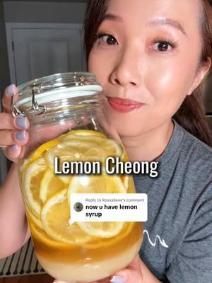 Replying to @Rossalieee  🍋 Lemon Cheong Ingredients: Lemons, preferably organic Sugar, equal weight to lemons Kosher or coarse sea salt, 2 tablespoons Steps: 1. Rinse lemons with cold water. In a bowl, add lemons, kosher salt, and 1/4 cup of cold water. Scrub each lemon with salt for 1 minute to thoroughly clean the skin.   2. Optional:Add cold water to the bowl and soak lemons in salt water for 5 minutes. 3. Rinse lemons and drain. Repeat if needed. 4. Thoroughly dry lemons with a clean towel. 5. Cut off the ends of the lemons and discard or save for other use. Thinly slice the lemons. 6. Remove all seeds. 7. Weigh the lemons, then measure an equal weight of sugar. The ratio for lemons to sugar is 1:1. I’m using 4 large lemons, about 20 oz., and 20 oz. of sugar in this video. 8. In a clean glass jar, layer sugar and the lemons. Finish with a layer of sugar on top. 9. Close the lid and KEEP IT IN THE FRIDGE for 7-10 days. 10. It may take a few hours for the lemons to begin releasing juice. Turn the jar daily to help the sugar dissolve faster. This also ensures that every lemon slice is covered in sugar syrup. You may also use a clean utensil to gently stir the sugar and press the lemon slices down to immerse each slice in the sugar syrup. This helps prevent mold. 11. After 7 to 10 days, the cheong is ready to enjoy. STORE IN THE FRIDGE for 3-6 months. Enjoy! Notes: - Removing the seeds prevents the cheong from getting bitter. - The jar, knife, cutting board, hands—basically anything that will touch the lemons—should be clean and completely dry. This helps prevent the cheong from potentially getting moldy. - It’s normal for lemon slices to float to the top. Turning the jar daily in the first 7-10 days ensures every lemon slice is fully immersed in sugar syrup. After that, I recommend turning the jar once in a while to make sure no lemon slices are exposed to air on top, which is one of the main reasons for mold. - If you don’t want to babysit the jar, use a fermentation weight instead to press the lemons down. - The cheong will slowly ferment in the fridge and eventually become a little boozy, which is normal. #lemoncheong #lemon #lemons #lemonade #lemonwater #lemonsyrup #koreanrecipe #syrup #cheong #koreanfood