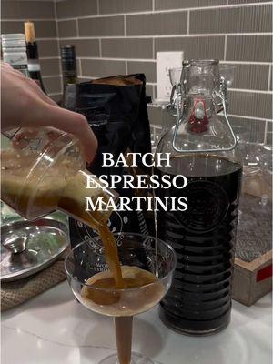 Batch espresso martinis for your next party! ✨ 8 ounces of Mr. Black 4-6 ounces of simple syrup or Demerara syrup 8 ounces of fresh espresso  I ended up doing 13-14 ounces of stoli vanilla vodka Shake about 4 ounces with ice to serve and of course, garnish with 3 coffee beans!! #espressomartini #batchcocktail #cocktails #hostingideas 