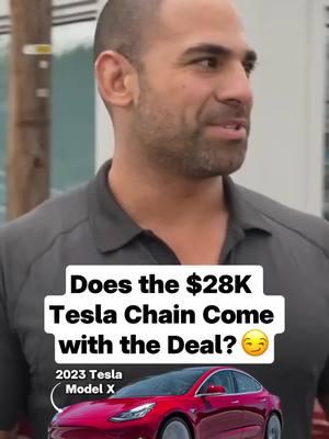 Tried locking down his Tesla chain during the Model X deal, but the chain’s worth almost half the car. That's crazy. #tesla #modelx #carfax #cybertruck #paintprotection #fy #fyp