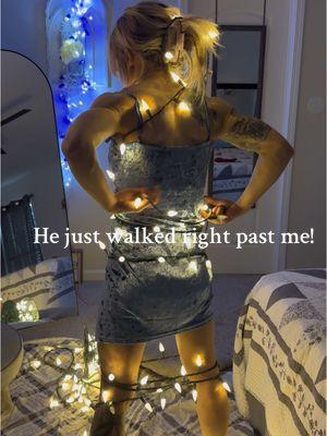 Trying to be sexy  for my husband and wrap myself up like a tree to get his attention! He walks right past me and asked me why I wasn’t in the kitchen making dinner. We already ate. #hummor #funnywomen #funnycouple #fyp #laugh #christmaslights #photoshoot #photography #model #marriedlifehumor #fartjokes #marriedhumor 