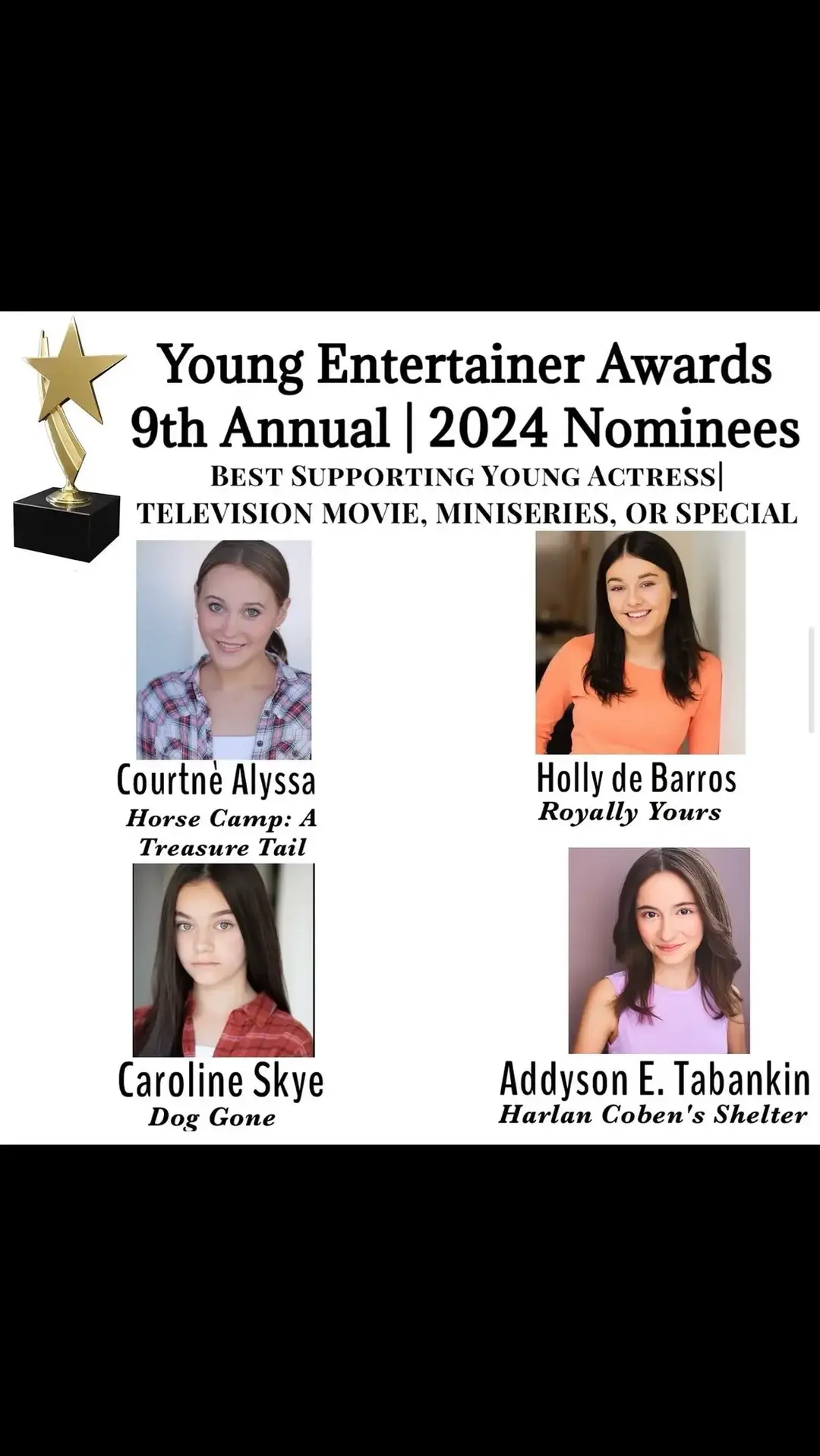 I am so honored and beyond grateful to be nominated for Young Entertainer Awards for my role as Young Ginny in Dog Gone with @Rob Lowe, #kimberlywilliamspaisley, and @Johnny Berchtold on Netflix! Thank you to my team, and to everyone that has been supporting me!! @George Landrum Jr @SecretAgentDawn #nomination #actress #doggone #carolineskye #stephenherek 