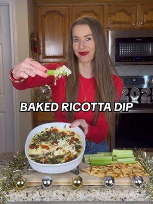 BAKED RICOTTA DIP🧀🍅 Ring in the new year with this easy, cheesey appetizer! INGREDIENTS: -1 pint of grape tomatoes -2 tbsp extra virgin olive oil -1 tsp minced garlic -Salt and pepper -15 oz ricotta cheese -1 egg -Juice of half a lemon -1 cup shredded mozzarella cheese  -1/2 tsp dried parsley -1/4 tsp red pepper flakes -1 tbsp chopped fresh basil  -Grated parmesan cheese  -Dippers of choice. I used pita chips and celery. DIRECTIONS: 1. Add grape tomatoes, olive oil and minced garlic to a casserole dish. Combine well. 2. Season tomatoes with salt and pepper. 3. Place in oven and roast for 30 mins at 400F. 4. In a mixing bowl, combine ricotta cheese, egg, lemon juice, shredded mozzarella cheese, dried parsley, red pepper flakes and mix well. 5. Remove dish from oven and turn down to 350F. 6. Spread ricotta cheese mixture on the bottom of a freshly greased casserole dish. 7. Top the ricotta with the previously baked garlic roasted tomatoes. 8. Top with fresh chopped basil and grated parmesan cheese.  9. Bake at 350F for 20-25 mins. 10. Serve dip immediately with dippers of choice.  #bakedricotta #ricotta #ricottadip #cheesedip #nyefood #newyearseve #newyearseveparty #newyearsevefood #newyearsfood #newyearsfoodideas #nyeparty #nyeappetizers #newyearsrecipes #nyerecipes #appetizers #lowcarbappetizer #lowcarbfood