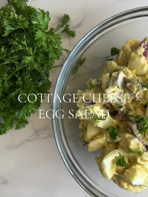 COTTAGE CHEESE EGG SALAD 🥚🌱 INGREDIENTS: 4 hard-boiled eggs 1/2 C cottage cheese 1/4 C red onion, chopped 1-2 TBSP. mustard Fresh parsley, chopped Fresh dill, chopped Salt & pepper, to taste  DIRECTIONS: 1. Peel the eggs and cut them in half lengthwise. Remove yolks from two of the four eggs. 2. Chop two eggs and two egg whites and transfer to a medium mixing bowl. 3. In a food processor, add cottage cheese, mustard, and the two reserved egg yolks and process until smooth.  4. Add the blended mixture to the chopped eggs and add the chopped onions, parsley, dill, salt and pepper. 5. Mix with a spoon or a rubber spatula until combined. 6. Serve immediately or store in the fridge in an airtight container up to 4 days.  Full recipe details: https://www.aprilhamiltonfitness.com/cottage-cheese-egg-salad #balancedrecipes #cottagecheeserecipes #highproteinrecipes #lunchideas #highproteinsnacks #eggsalad #cottagecheeseeggsalad 