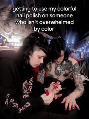 why do you THINK I paint my face also wearing color makes me feel dysphoric #couple #alt #altcouple #gothgf #heshe #nb #overstimulated #overwhelming #autistic #colortattoo #brightcolors #nailpolish #nailpainting #nails #goth 