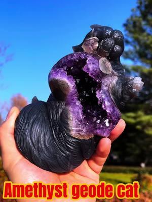 Amethyst geode cat 🐱 which one you like? #crystalcarvings #crystalshop #crystalcarving #crystalsculpture #amethystgeode 