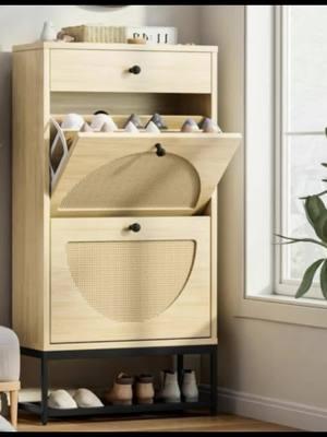 #AWQM #FreeStanding #ShoeRack #Entryway #Organizer #Natural #Semi#Circular #Rattan #FlipDrawers, #Hallway #Faux #Wooden #Shoe #Storage #Cabinet #AWQM