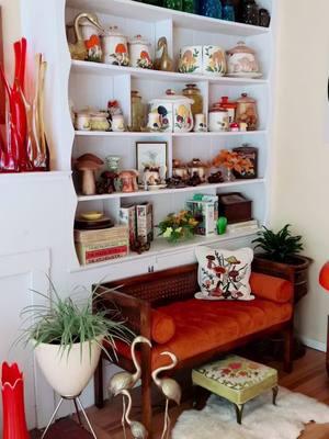 So happy here in this space 🍄 🍄‍🟫  #mushrooms #70saesthetic #vintage #shelfie #mushroomart #mushroomgirl #ceramics #ceramic #glass #coloredglass #mushroomcore #clutter #curated #midcentury #maximalism #desitiktok #colorfulhome #fyp #interiordesign #livingroom 