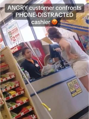 A woman is furious with a cashier for using her phone during her shift.📱#CustomerWars #caughtoncamera #fyp #viral #foryoupage 