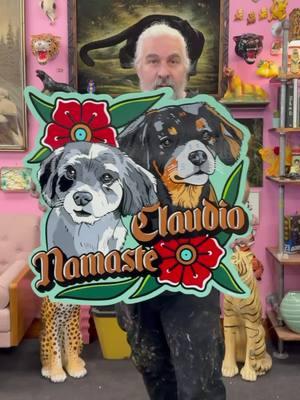 Hand painted pet portraits for Namaste & Claudio. Custom drawn and painted dogs & lettering using Alphanamel paint on wood. #signpainting #dogpainting #petportrait #oddlysatisfying #painting 