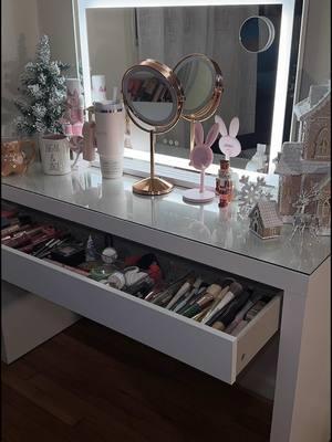 I’m obsessed with my vanity🥹💕 it’s giving all the cozy vibes!!  The mirror & chair are available on my Amazon storefront (link in bio) and the table is from IKEA! 💝 #newvanity #vanitymirror #makeupvanity #vanitychair #IKEA #ikeavanity 