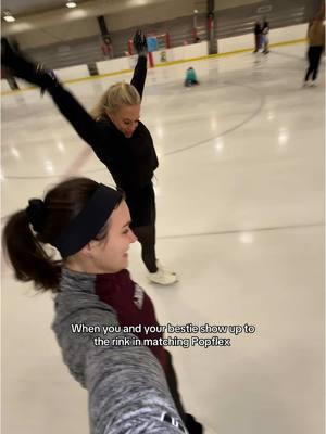 Tag your matching bestie(s) 👯‍♀️💖⛸️ @elisabeth.swh @POPFLEX Active #figureskating #figureskater #IceSkating #adultfigureskating #adultfigureskater #iceskater #iceskatingtiktok #spinning #figureskatingtiktok #backspin ice skating hairstyles, practice outfits, skating TikTok, adult figure skaters, figure skating spins, ice skating TikTok 