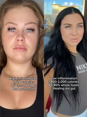 Fueling my body, lowering inflammation, and prioritizing my gut health has completely changed my face. Disclaimer - I did lose weight between these two videos (and I learned how to put my eyelashes on lmaooo😂) But if you could just know how I FEEL - wow.  Under eating led me to falling off with my nutrition every weekend. I was consistent for a bit but then it always turned into an endless cycle of having to start over every Monday.  Here’s the truth: ✨ fueling your body and being consistent is what gets you results.  ➡️ Add 250-300 calories a day to your food of whole foods stay consistent to that for 2-3 weeks and tell me how you look and feel.  I bet you’ll look and feel better than you ever have by just simply moving your food up and staying more consistent!  Next - I would fill my macros with a lot of processed quick easy foods - which led to high inflammation / feeling and looking puffy.  ✨ want to feel tight/lean? The food you put in your body matters! I do believe in balance, but prioritizing whole foods is key!  Stop looking at food as one extra thing to do - start prioritizing it and looking at it as a way to fuel your body, heal your relationship with food, and learn more about nutrition!  My biggest tip? Stop putting a timeline on your health and focus on your overall health/ healthy habits (the physical changes will naturally come with you doing that)!  #inflammation #guthealth #gut #leanout #lean #guthealing