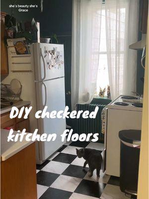 New kitchen floors for only $80?! I’ve always wanted b/w checked floors 😍 #peelandsticktile #checkeredfloor #kitchenrenovation #peelandstick #easyhomediy #diyhomeprojects 