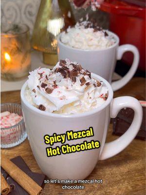 Spicy Mezcal Hot Chocolate 🌶️🍫 A cozy holiday sip spiked with @Dos Hombres mezcal ☕ Full recipe below! INGREDIENTS: 4 cups whole milk (or a mix of milk and heavy cream for extra richness) 3.5 oz dark chocolate (70% cocoa or higher), finely chopped 2 tbsp cocoa powder (unsweetened) 1/4 cup granulated sugar (adjust to taste) 1/2 tsp cinnamon, to taste 1 tsp vanilla Pinch of nutmeg Pinch of cayenne pepper or chili powder (optional, for a spicy kick) Pinch of sea salt 4 oz Dos Hombres Mezcal Whipped cream (optional, for topping) Shaved dark chocolate or cocoa powder (for garnish) Crushed candy canes or cinnamon sticks (optional, for garnish) RECIPE: 1. In a small saucepan, heat the milk over medium heat until warm but not boiling. 2. Reduce the heat to low, then whisk in the cocoa powder, sugar, cinnamon, vanilla, nutmeg, cayenne (if using), and sea salt until fully dissolved. 3. Add the chopped dark chocolate, stirring constantly, until it melts completely and the mixture is smooth and creamy. Remove from heat. 4. Divide the hot chocolate evenly between four mugs. 5. Stir 1 oz of mezcal into each mug. Taste and adjust sweetness, if necessary. 6. Top with whipped cream, a dusting of grated chocolate or cocoa powder, and crushed candy canes for garnish. 7. Serve immediately and enjoy the perfect balance of smoky mezcal and velvety hot chocolate. #feedfeed #hotchocolate #winterdrinks #hotchocolaterecipe #mezcal #EasyRecipe 