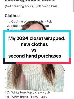 Holding myself accountable!! I feel like I bought too much stuff new this year. 2025 goal is to thrift more than I buy new, and to try to only buy 2 new items a month! #greenscreen #spotifywrapped #mycloset #2024purchases #secondhand #newvsused #jcrew #ebay #naadam #repriseactivewear #fyp 