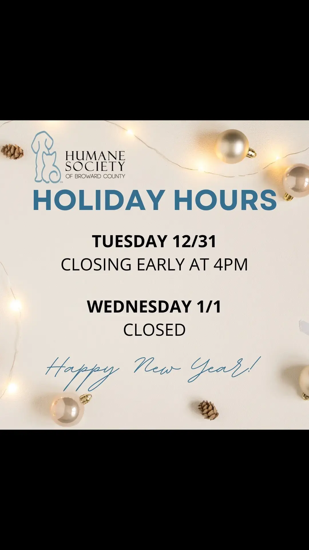 Happy New Year! 🎉   As we reflect on an amazing year at the Humane Society of Broward County, we are so thankful for your love and support. Together, we’ve achieved incredible milestones, like helping over 4,000 animals find their forever homes and benefiting from the countless hours donated by our dedicated fosters and volunteers.   Please note that the shelter will close early on Tuesday, December 31, at 4 PM and remain closed on Wednesday, January 1. We’ll reopen on Thursday, January 2, with normal hours. While we’re closed, our animals will continue to receive the care and love they need.   Wishing you a safe and joyful holiday season filled with love and happiness! 💗🐾   To meet one of our amazing pets, please complete the pre-adoption application on the website and stop by while we are open. The Humane Society of Broward County is located at 2070 Griffin Road, Fort Lauderdale, FL.   If you can’t adopt but want to help, the shelter has a wish list on Amazon and Chewy with a variety of items. Or become a monthly donor, host a Yappy Hour at the shelter, purchase a brick in the paw pathway at www.humanebroward.com. Links are in bio. Call 954-989-3977 ext. 6 with any questions.   #rescuedog #shelterdog #adoptme #adoptdontshop #humanebroward #fortlauderdale #florida #southflorida #miami #browardcounty #miamidade #palmbeachcounty #cat #catsofinstagram #catstagram #kitten #kittens #dogs #dogsofinstagram #dogshelter #animalshelter #holidayhours 