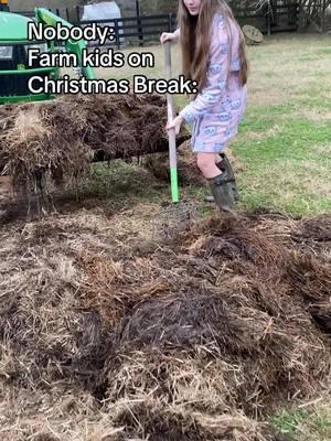 I mean in fairness she had plenty of chill time over the break but when the poop scooping call comes in ya gotta answer! Oh the life of a farm kid.  #farmlife #farmkids #funny #compost