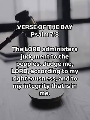 VERSE OF THE DAY Psalm 7:8  The LORD administers judgment to the peoples. Judge me, LORD, according to my righteousness, and to my integrity that is in me.  #tuesdaythought #bible #bibleverse #bibleinspiration #biblestudy #verseoftheday #unstoppablefaith #friendship #stayencouraged #beinspired #JesusChristisLord #dailydevo #motivation #newyear #newyear2025 #fyp #creatorsearchinsights #christiantiktok #christiantiktokcomunity 