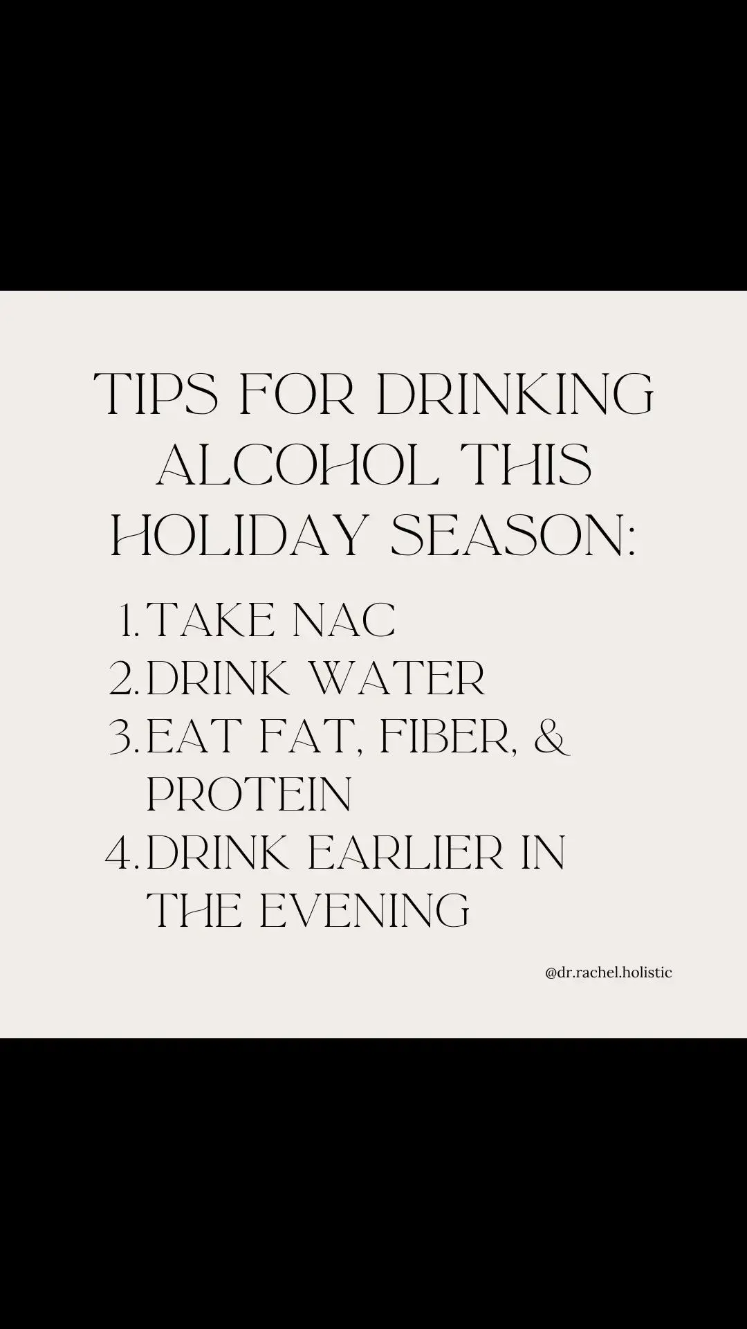 Here are some reminders if you are planning to drink alcohol for the holidays! 1. Support your liver with the supplement NAC 2. Drink plenty of water before bed 3. Eat fat, fiber, & protein before drinking and before bed 4. drink earlier in the evening to give your body more time to process the alcohol. **Note: All information provided is for educational purposes only, and is not intended or implied to be a substitute for professional medical advice or treatment. Please consult with your personal health professional prior to implementing any health-related changes.** #ChronicIllness #HolisticHealth #AlcoholAndHealth #HealthyLiving #ChronicPain #MindfulDrinking #HealingJourney #SelfCare #ChronicFatigue #AutoimmuneHealth #NaturalHealing #LivingWithChronicIllness #WellnessJourney #HealthChoices #HolisticHealing #BalanceInLife #WellnessAdvocate #IntuitiveHealing #HealthSupport #NaturopathicCare #HealthyHabits #Fibromyalgia #ChronicFatigueSyndrome #AutoimmuneDisease #MCAS #Histamine #inflammation 