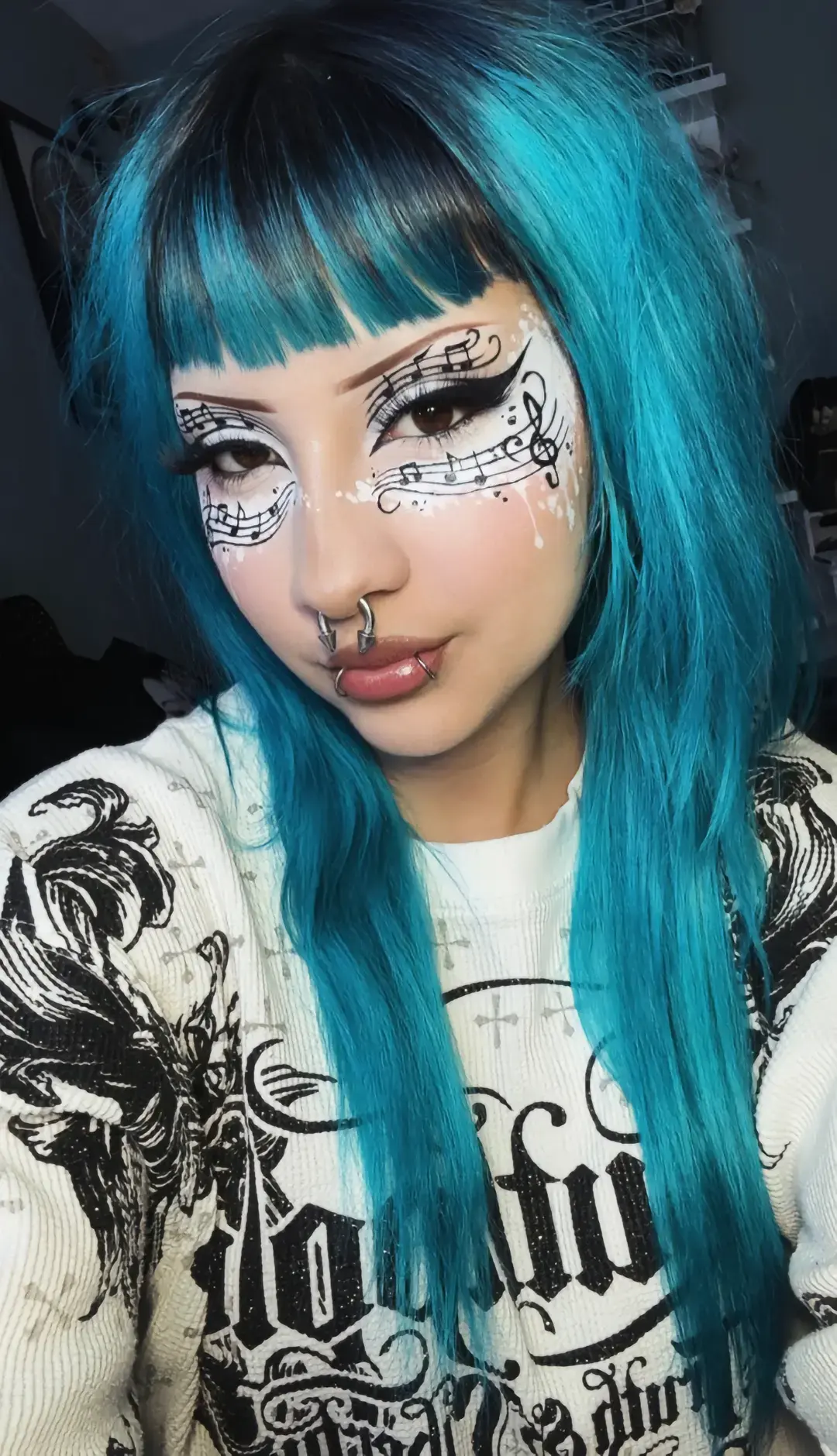 Inspo: @18  #blue #bluehair #emo #piercings #snakebites #alternative #makeupartist #makeup #Eyeliner #eyemakeup #makeupart #makeuplook #music #musicmakeup #sheetmusic 