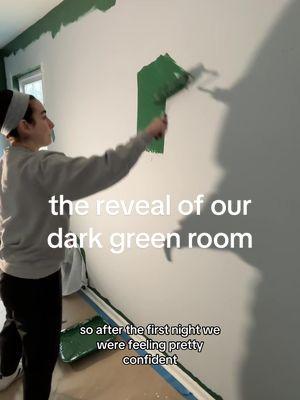 why you should hire painters - the reveal of our dark green room  #hirepainters #darkgreenroom #darkacademiaaesthetic #darkgreenpaint #paintingishard #homeimprovement #homeupdates #firsttimepainter 