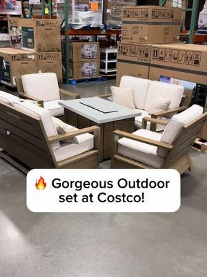 Gorgeous 5 piece outdoor furniture set at Costco with fire table! It’s so nice, I’d love this in my backyard. #costco #costcofinds #outdoorliving #furniture #homedecor 