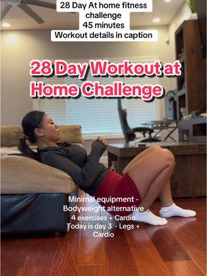 Day 3 of the 28-Day At-Home Fitness Challenge! 🏋️‍♀️🔥 If you have the Lifepro Gluteblast, you can definitely use this routine & some weight but you can also do this with just your couch and bodyweight!! Today’s focus: Legs + Cardio. No excuses, just results! 💪 Save this workout & let’s crush it together! 🚨Workout details🚨 Squats 4x12 Lunges 4x12 each leg Single leg RSL 4x12 each leg Single leg hip thrusts 4x12 each leg Burpees (30 seconds, 30 seconds rest) 5 rounds #athomeworkout #workoutroutine #workoutmotivation #athomeworkouts #legdayathome #FitnessChallenge #LegDay #HomeWorkout #CardioWorkout #28DayChallenge #creatorsearchinsights  workout challenge 30 days 45 minutes exercise get fit in 30 days women how long should you workout workout challenge 30 days 30 minute at home workouts fitnessworkout 30 Mins Workout Endurance workout 4 days workout plan women