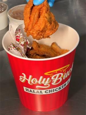 Enjoy our crispy broasted chicken, served with a variety of delicious sauces! Certified Zabiha Halal. #BroastedChicken #ZabihaHalal #HolyBuckets #CrispyGoodness #FlavorfulSauces #halalfood 