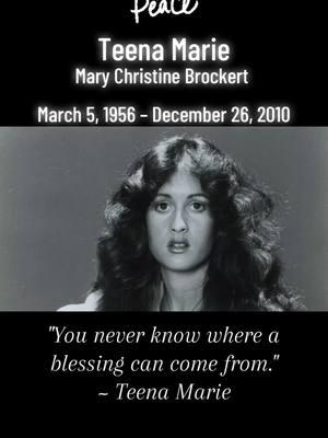 On This Day:  December 26, 2010 Teena Marie, American singer and composer dies.  Mary Christine Brockert (March 5, 1956 – December 26, 2010), known professionally as Teena Marie, was an American R&B and soul singer, songwriter, musician, composer, and producer. She was known by her childhood nickname Tina before taking the stage name Teena Marie and later acquired the nickname Lady T, given to her by her collaborator and friend Rick James. She was known for her distinctive soprano vocals, which caused many listeners to believe she was black.  Her success in R&B and soul music, and loyalty to these genres earned her the title Ivory Queen of Soul. She played rhythm guitar, keyboards, and congas. Teena Marie was a four-time Grammy Award nominee.  Rest In Heavenly Peace, Lady T, Thank you for sharing your gifts. #onthisday #onthisdayinmusic #teenamarie 