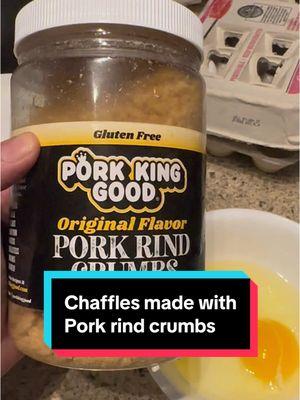 Making chaffles with pork rind crumbs. Its so good! #chaffle #hamburger #chafflebun #porkrinds 