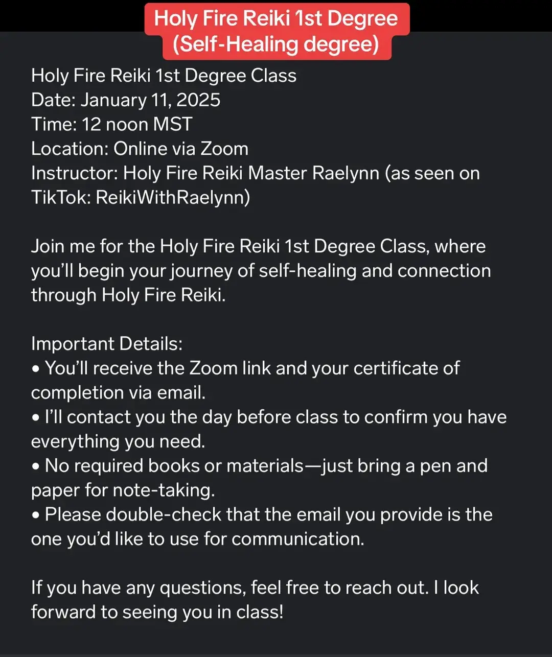 Send DM to join class Here’s the details of the Reiki classes I’m offering in January - #reikiclass #learnreiki #reikimaster #learnholyfirereiki #holyfirereiki #holyfirereikimaster 