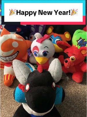 These little guys have an important message! #newyear #fnaf #plushies #glamrockfreddy #glamrockchica #fnafbonnie #fnaffoxy #montygator #onyxthedragon 