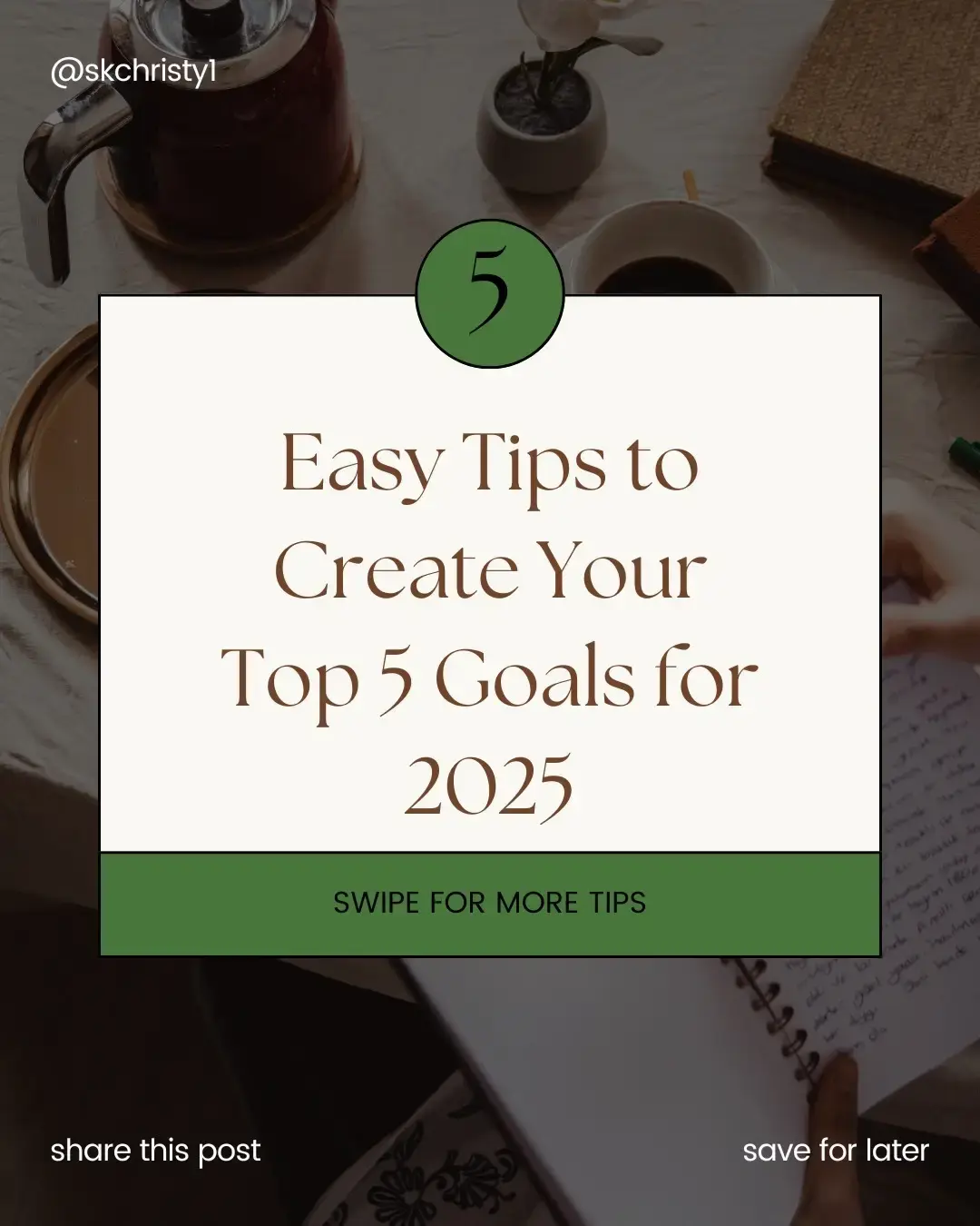 5 Easy Tips to Create Your Top 5 Goals for 2025 🎯 Setting clear goals can set the tone for an amazing year ahead. Here’s how to craft your top 5 goals for 2025 with ease: 1️⃣ Reflect on 2024 📝 Take a moment to think about what went well and what didn’t. What do you want to continue, improve, or change? 💡 Tip: Write down your wins and lessons from the past year. 2️⃣ Choose What Matters Most ❤️ Focus on goals that align with your passions, values, and long-term vision. Whether it’s career, relationships, health, or travel—pick what feels meaningful to you. 💡 Tip: Ask yourself, “What will make me proud a year from now?” 3️⃣ Be Specific 🎯 Avoid vague goals like “get healthier.” Instead, aim for something actionable, like “exercise 3 times a week” or “eat 2 servings of vegetables daily.” 💡 Tip: Use the SMART method: Specific, Measurable, Achievable, Relevant, Time-bound. 4️⃣ Keep It Balanced ⚖️ Choose a mix of personal, professional, and fun goals to keep your list exciting and manageable. 💡 Tip: Example: Personal: Learn a new skill Professional: Get a promotion Fun: Travel to a new country 5️⃣ Write It Down & Visualize 🖊️ Seeing your goals daily keeps you motivated. Write them on paper, add them to a vision board, or make a phone wallpaper. 💡 Tip: Pair each goal with a photo or quote that inspires you. ✨ Bonus: Share your top goal for 2025 in the comments! Let’s manifest greatness together. 🌟 #GoalSetting2025 #ManifestYourDreams #NewYearGoals #NewYearGlowUp #SMARTGoals #VisionBoard2025 #DreamBig #MotivationTips #LifeGoals #Lemon8 