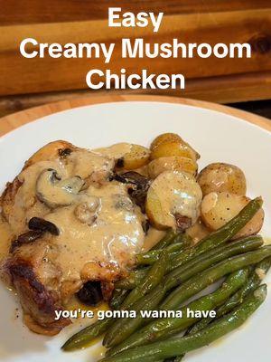 The will to cook was dipping below negative, so I made creamy baked mushroom chicken 🍄‍🟫🥘 INGREDIENTS:  2lbs chicken thighs 4 russet potatoes cubed 2 cups cut Green beans  2 tbsp Dijon mustard 2 cloves minced garlic 1 tsp Salt  1 tsp Black Pepper Drizzle of Olive oil 1 tsp Paprika 1 tbsp soy sauce MUSHROOM CREAM SAUCE:  4 tbsp butter divided in half 1 cup sliced White mushrooms 2 cloves minced garlic 1 tbsp flour ½ cup white wine ¾ cup heavy cream 1 tbsp Dijon mustard 1 tsp Worcestershire ½ tsp salt 1 ½ tsp black pepper ½ tsp paprika #bakedchicken #chickenrecipe #quickrecipes #EasyRecipes #9to5 #DinnerIdeas 