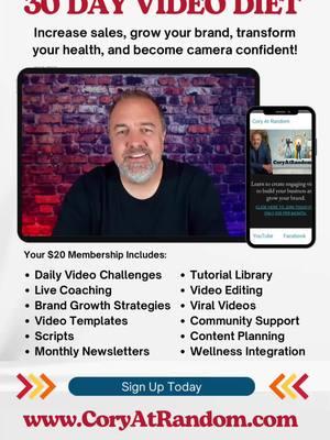 🚨 Breaking News: Transform Your Life with the 30-Day Video Diet! 🚨Are you ready to increase sales, grow your brand, transform your health, and become camera confident? For just $20 a month, you can unlock the tools and support you need to elevate your business and your mindset.🎥 What’s Included in Your Membership:✅ Daily Video Challenges to sharpen your skills✅ Live Coaching to boost your confidence✅ Brand Growth Strategies that work✅ Video Templates, Scripts, and Tutorials for effortless content creation✅ Tips on Wellness Integration to replace bad habits with productive routines✅ Community Support to keep you motivated💡 Whether you’re a small business owner, entrepreneur, or just looking to take control of your goals in 2025, this program is for YOU!👉 Sign up today and take the first step toward confidence, creativity, and growth.Visit www.CoryAtRandom.com to get started now! #30DayVideoDiet #GrowYourBrand #VideoMarketing #HealthyHabits #CameraConfidence #ContentCreation #SmallBusinessTips #TransformYourLife