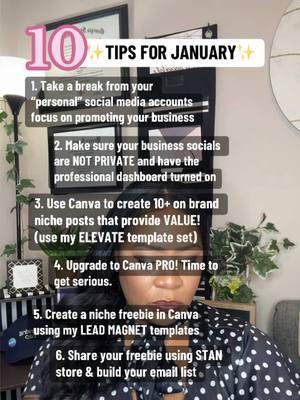 2025 is your year friend! LET’S DO THIS!⬇️ 1️⃣Ghost your personal social media accounts. Put that effort and time into what’s going to produce a BENEFICIAL OUTCOME for your business.⏰ 2️⃣Make sure your business socials are NOT PRIVATE. Your people can’t find you because you’re hiding.🤦🏽‍♀️ 3️⃣Use Canva to create 10+ posts for your business that provide VALUE. Grab my “Elevate Template Set” for a jump start!💪🏽✨ 4️⃣Upgrade to Canva PRO! It’s time to get serious. 5️⃣Create a niche freebie in Canva using my 60+ LEAD MAGNET template set and start building your customer email list.📧   6️⃣Share your freebie & products using STAN store. Check out my  “STAN” link to set up your store ASAP! 7️⃣Upgrade your Canva design skills to stop the scroll of your audience. using my ✨50+ HACKS & Tips resource.✨ 8️⃣Organize your Canva Account. Use the “Project” tab and create folders. I teach you how to do this in our 1:1 session.🗂️ 9️⃣Post engaging and problem-solving content daily to grow your online community.🆘 🔟 Schedule a 1:1 Canva Session OR a 1:1 Content session with me. Both are extremely valuable to elevating your entrepreneurial journey! Sessions are tailored to your needs, so spots are limited! Let’s start our 2025 out strong!💪🏽💜✨Are you ready? Follow for more ways to elevate your digital presence.💜 #Canva #CanvaGuide #CanvaHacks #CanvaDesign #contentmarketing #SmallBusiness #Entrepreneurs #Contenttips #businessowners  #socialmediamarketing #Designtips #Businesstips #Canvatips #canvadesigner #Canvassador #CanvaCoach