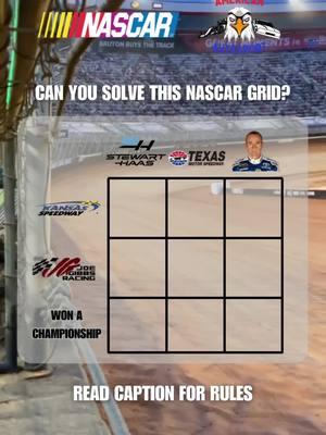 If you haven’t played before, here’s how it works: You must put a different driver in each of the nine grid boxes. You CANNOT have the same driver in multiple boxes. The driver you put in each box must fit the criteria for the given row/column it is in. Here are the different criteria options: 1. Driver picture: the driver you choose must have once been a teammate of the driver who’s picture is shown 2. Team name: the driver you choose must have driven for this team at some point 3. Track name: the driver you choose must have won at this track before 4. Random criteria: can be anything for a given grid (in this case, “won a championship”) For example, in this grid, the driver you choose for the top left box must have driven for Stewart Haas Racing at some point and have won at Kansas. If you have read this far, let us know how you do in the comments! #nascar #nascarracing #nascarfan #racing  #nascarhistory  