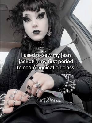 I'm the one driving the car btw #sewing #handsewing #goth #DIY #punkdiy #gothdiy #handsewing #gothmakeup #tradgoth #punkrock #punkdiy #gothdiy #gothaesthetic #punk #sewingdiy #jeanjacket #denimjacket 