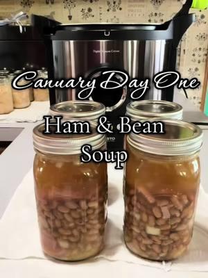 Day one of Canuary was Ham & bean soup 🫘 Yield: 6 quarts Ingredients used: 2 pounds dry pinto beans soaked over night 3 quarts homemade chicken broth 1.5 yellow onions 2-3 cups ham pieces  Seasonings to taste: Onion powder  Garlic powder Canning salt  Black pepper Jars filled with everything but the broth to 2/3 full then topped off to one inch head space of broth. Rings go finger tight. These go into a cold pressure canner and are processed for 90 minutes for quarts and 75 minutes for pints.  Happy Day One of Canuary!  #canuary #canuary2025 #pressurecanning #foodpreservation #homestead #homesteading #hamandbeansoup 