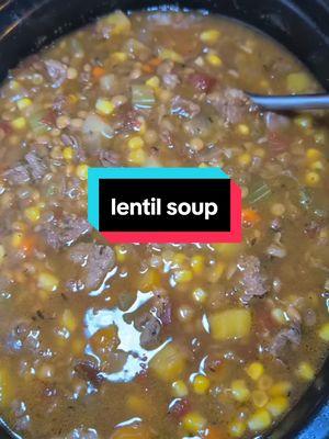 Ingredients: 2 tablespoons butter 2 1/2 pounds beef chuck cubed 1 onion 3 garlic cloves 4 carrots 3 large celery stalks 1 1/2 cup dried lentils 28 ounces crushed tomatoes 7 cups beef broth 3 bay leaves 1 tablespoon dried thyme Frozen corn Salt and Pepper Directions: dice all your veggies. Cube meat and brown. Add all ingredients except corn into crockpot and cook on low for 8 hours. Add your corn last 30 minutes. #happynewyear #lentilsoup #nutrientdense #realfood #cookingfromscratch #foodismedicine #goodluck #traditions #creatorsearchinsights 