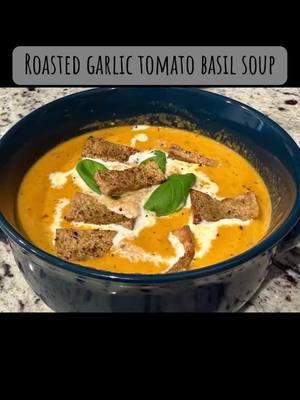 Roasted garlic & Basil tomato soup topped with fried tofu chips & basil. Add some roasted garlic grilled cheese for the win. #tomatosoup #tomato #soup #soupseason #soupseries #souprecipe #tomatobasilsoup #grilledcheese #EasyRecipe #tofu 