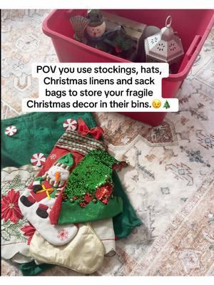 Here’s how I store our Santa hats, sack bags, and Christmas stockings throughout the year. 💁🏽‍♀️ I reuse them to protect my fragile Christmas decor in bins.♻️ I usually place items like candles, small figurines, or other fragile things that might touch and break. Never had an issue before and have done this for years!🙌🏽 . . . . . . . . . . . . . . . . . . . . . . . #themostwonderfultimeoftheyear #homeorganization #christmas #organization #christmasornaments #storageideas #howto #tricksandtips #reducereuserecycle #christmasinspo #christmastime #christmashacks #lifehacks #christmastree #storagesolutions #storagecontainer #holidaydecor  #christmasdecor #storageideas #homehacks #hometips #fyp 